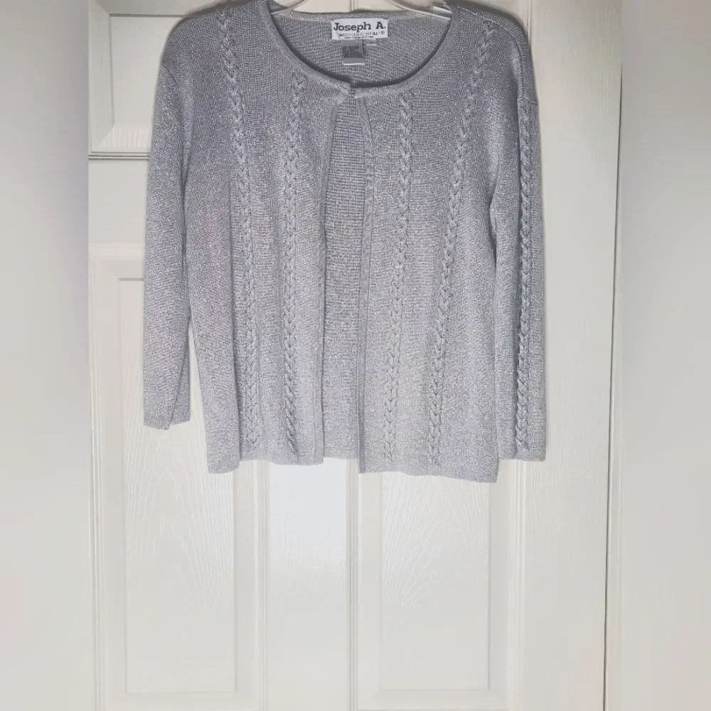 Joseph A Quest L Silver SILK Blend 3/4 Sleeve Knit Sequin Women's Cardigan